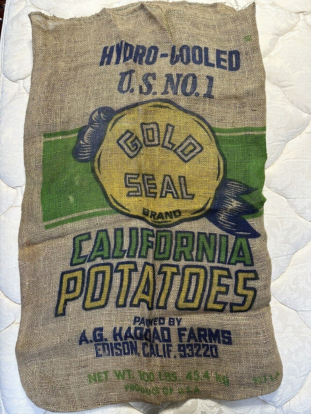 Vintage lot: 5 Burlap 50 Lb. Potato / Feed Bags - VARIOUS BRANDS/CLEAR GRAPHICS