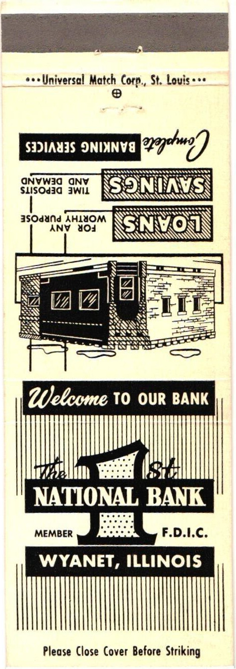 Wyanet Illinois The 1st National Bank Member F.D.I.C Vintage Matchbook Cover