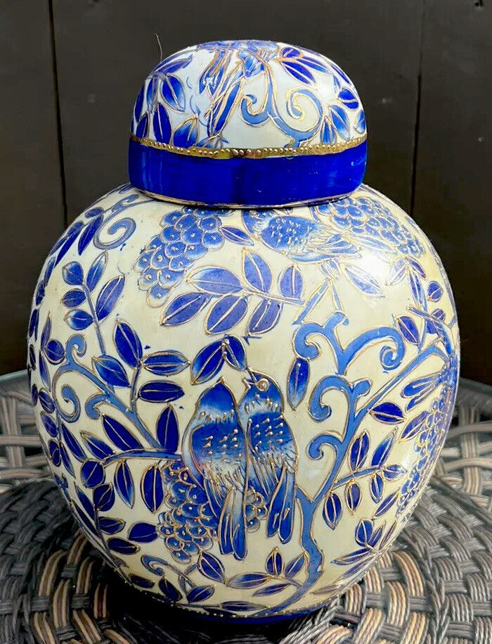 Blue Ridge Design Inc Lidded Decorative Jar Urn Blue Gold Love Birds Pattern