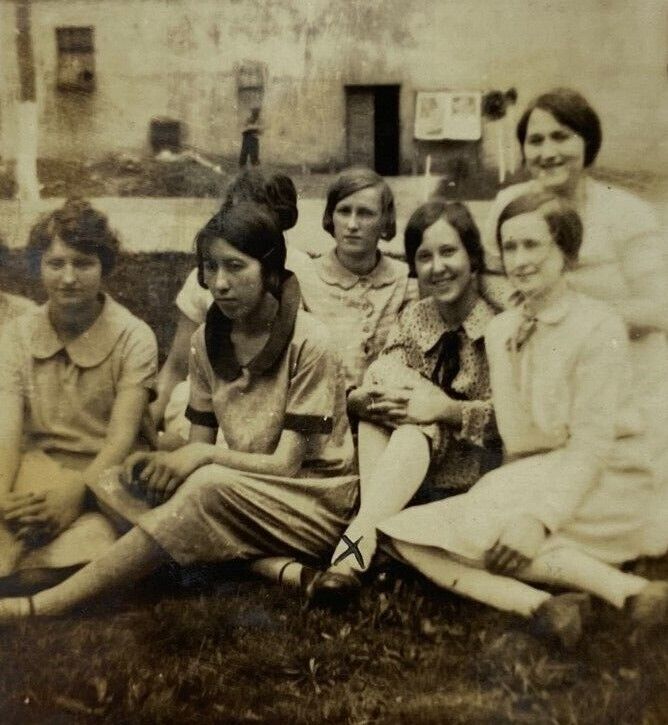 Group Of Women Sitting On Grass By Building B&W Photograph 2.5 x 3.5