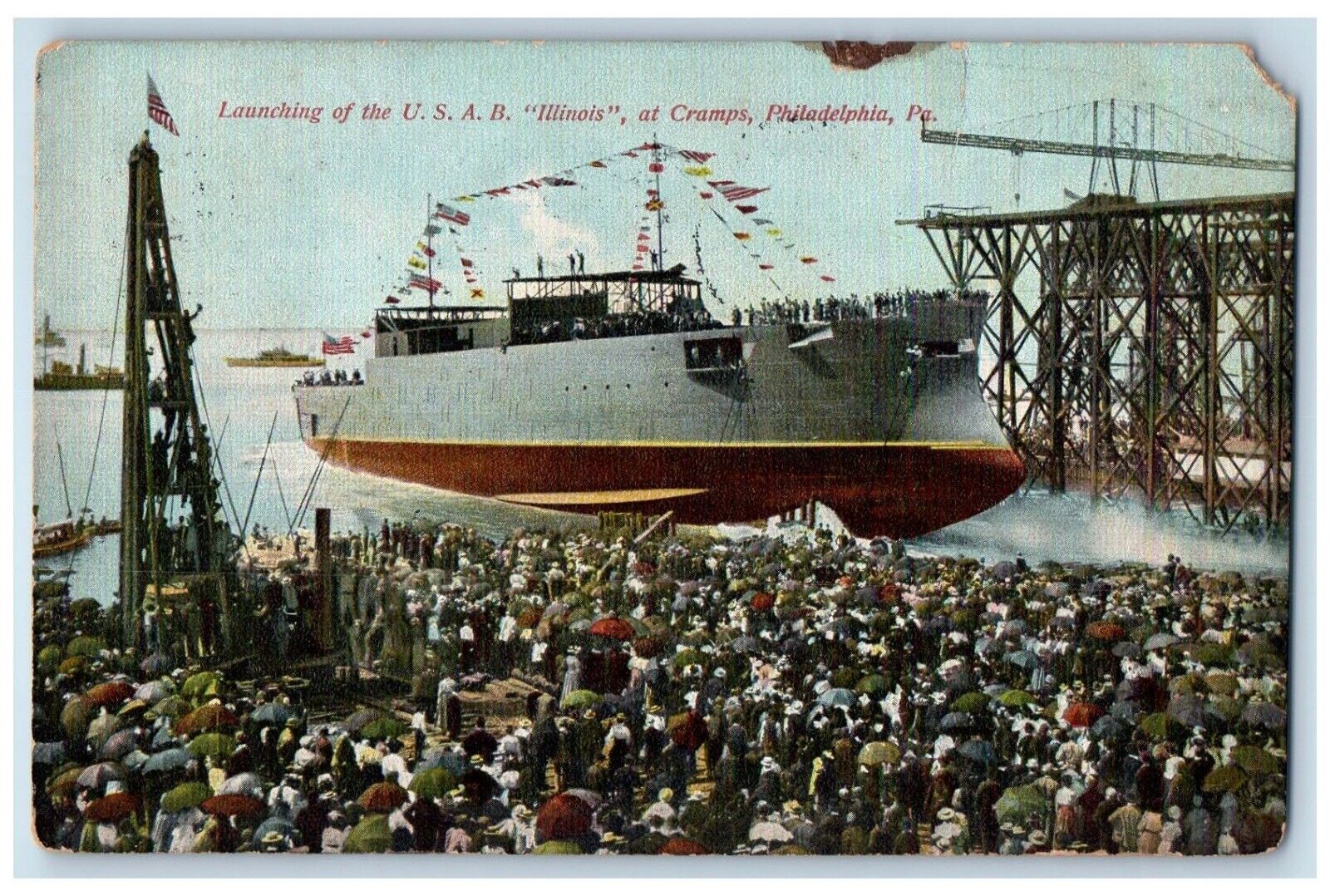 c1910\'s Launching Of The USAB Illinois At Cramps Philadelphia PA Postcard
