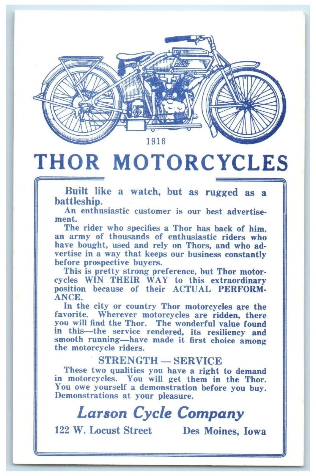 1916 Thor Motorcycle Larson Cycle Company Des Moines IA Reproduction Postcard