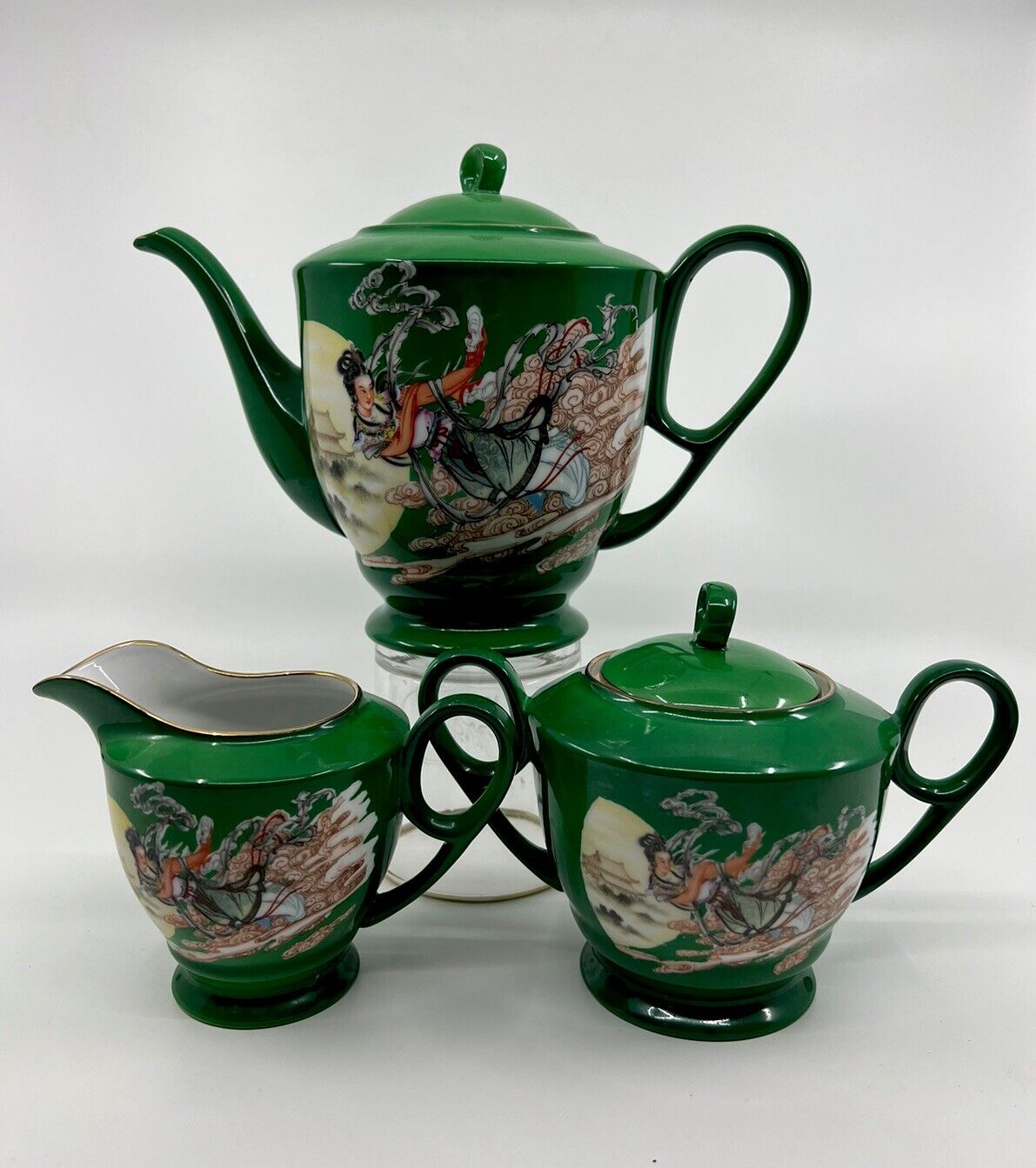 Vintage Mid Century Chinese Emerald Green Tea Set Tea Cream Sugar Tong Shan