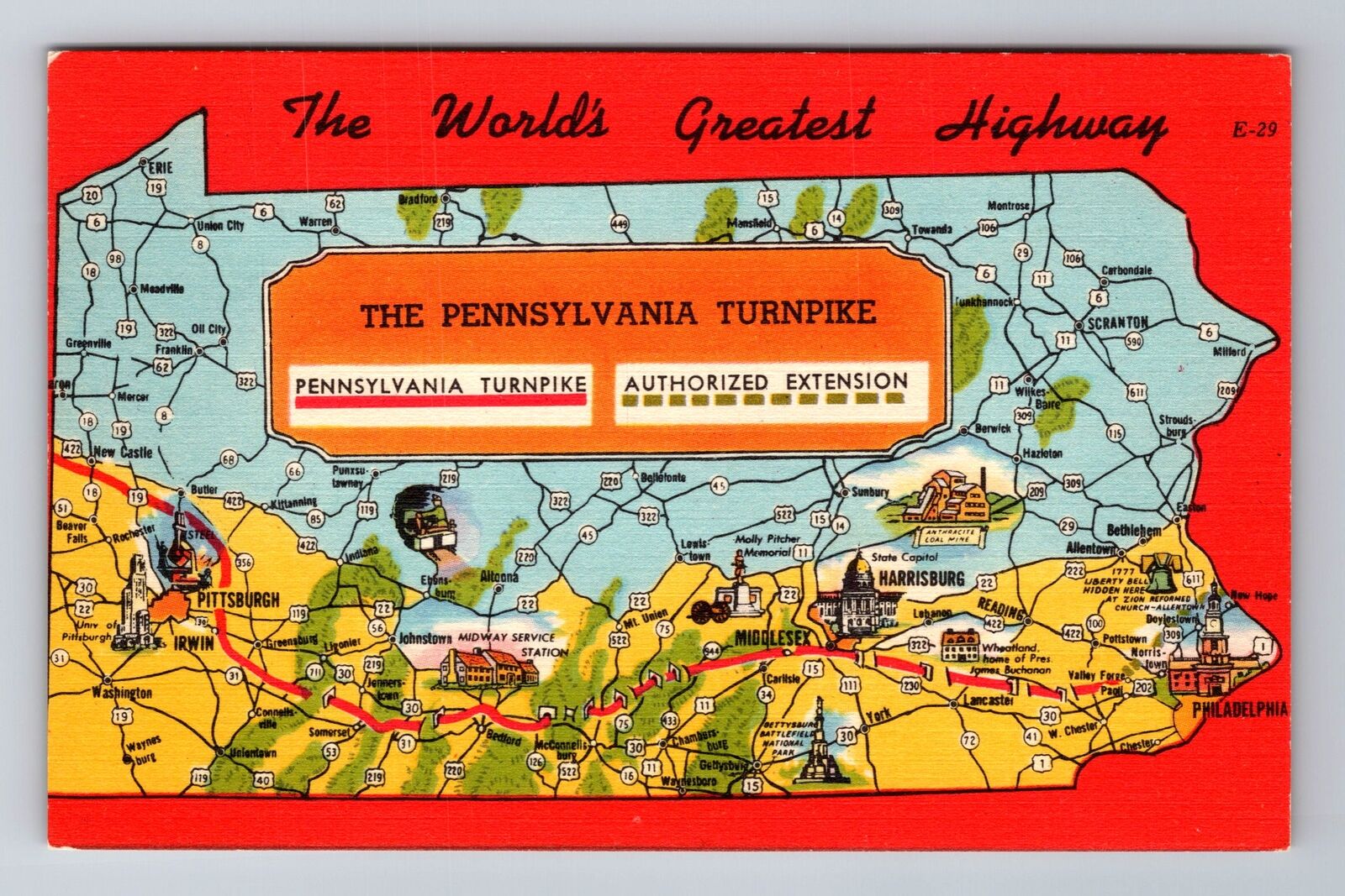 PA-Pennsylvania, View Of Map And Turnpike, Antique, Vintage Souvenir Postcard