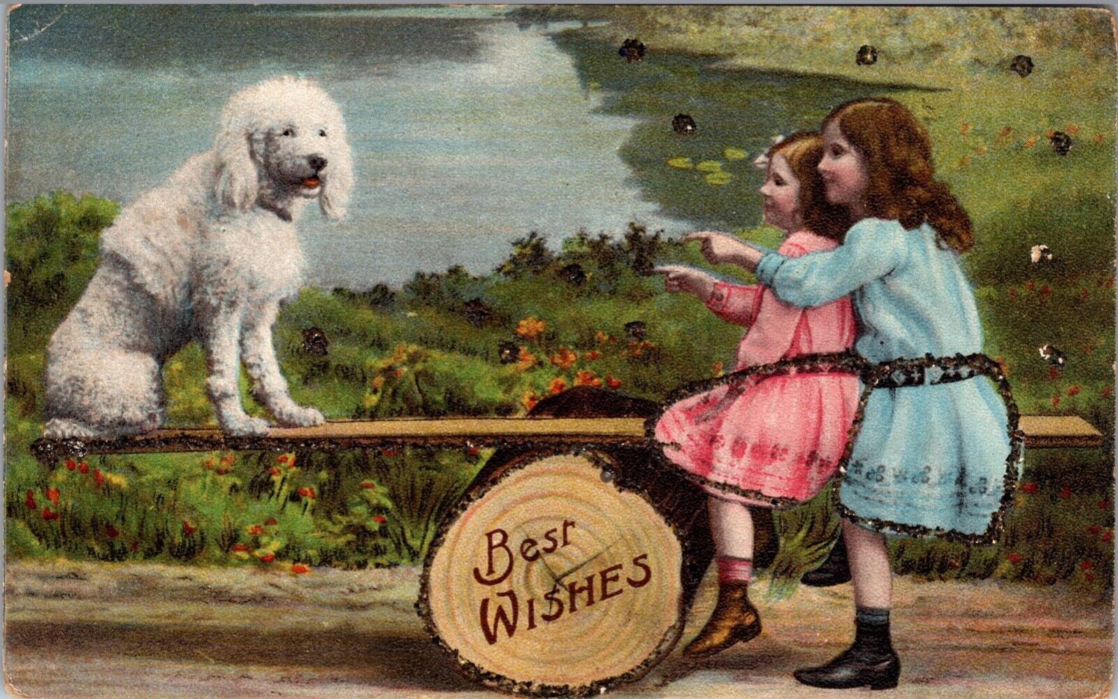 c1909 Postcard Large Poodle Dog On See Saw Cute Girls