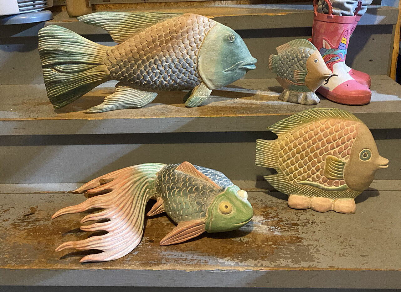 1980s Palm Beach Carved Limewood Koi Fish Sculpture