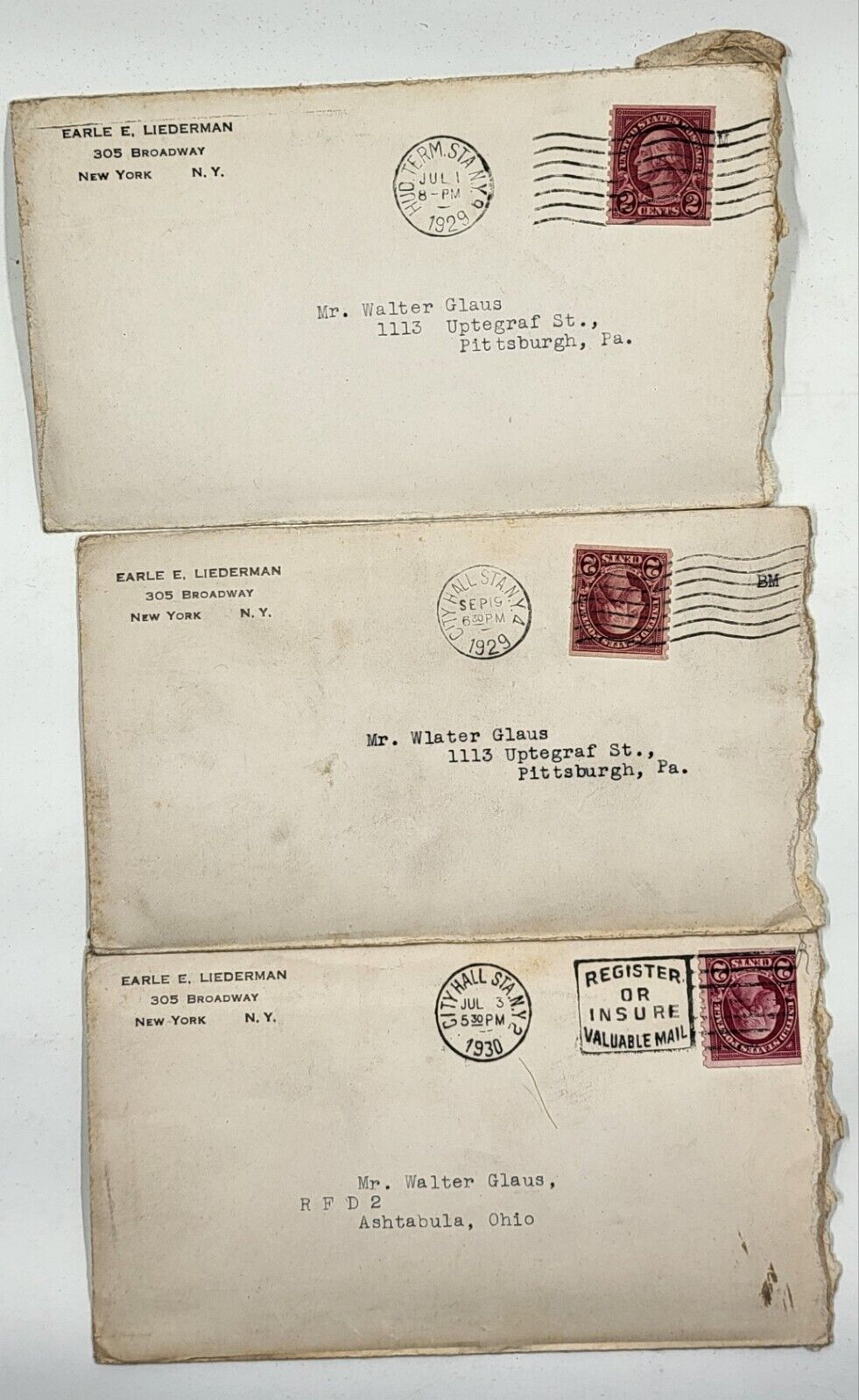 VTG‼ Earle E. Liederman Signed 1929/3 Original Letters Helmar Liederman