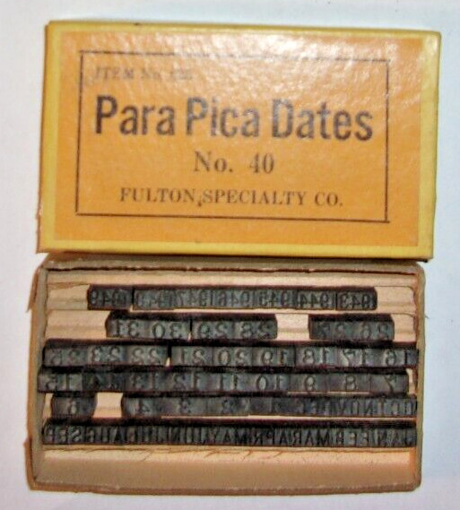 Vintage 1940\'s Fulton Specialty #635 Para Pica Dates Rubber Type Box w/Stamps