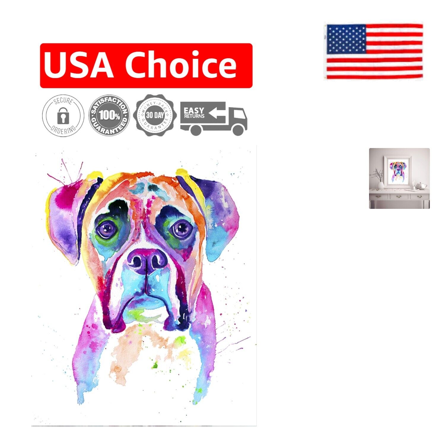 Watercolor Boxer Dog Print - Colorful Pet Portrait - Art Decor Gift