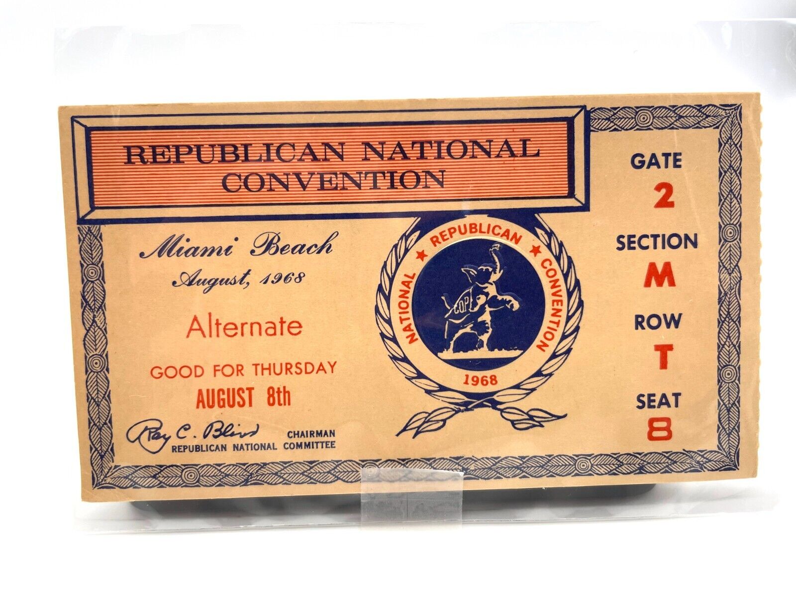 1968 REPUBLICAN NATIONAL CONVENTION Ticket - RICHARD NIXON - MIAMI, FLORIDA