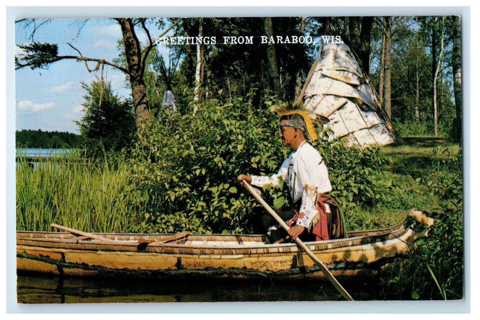 c1960s Indian Tribe Shoving Off, Greetings from Baraboo WI Postcard