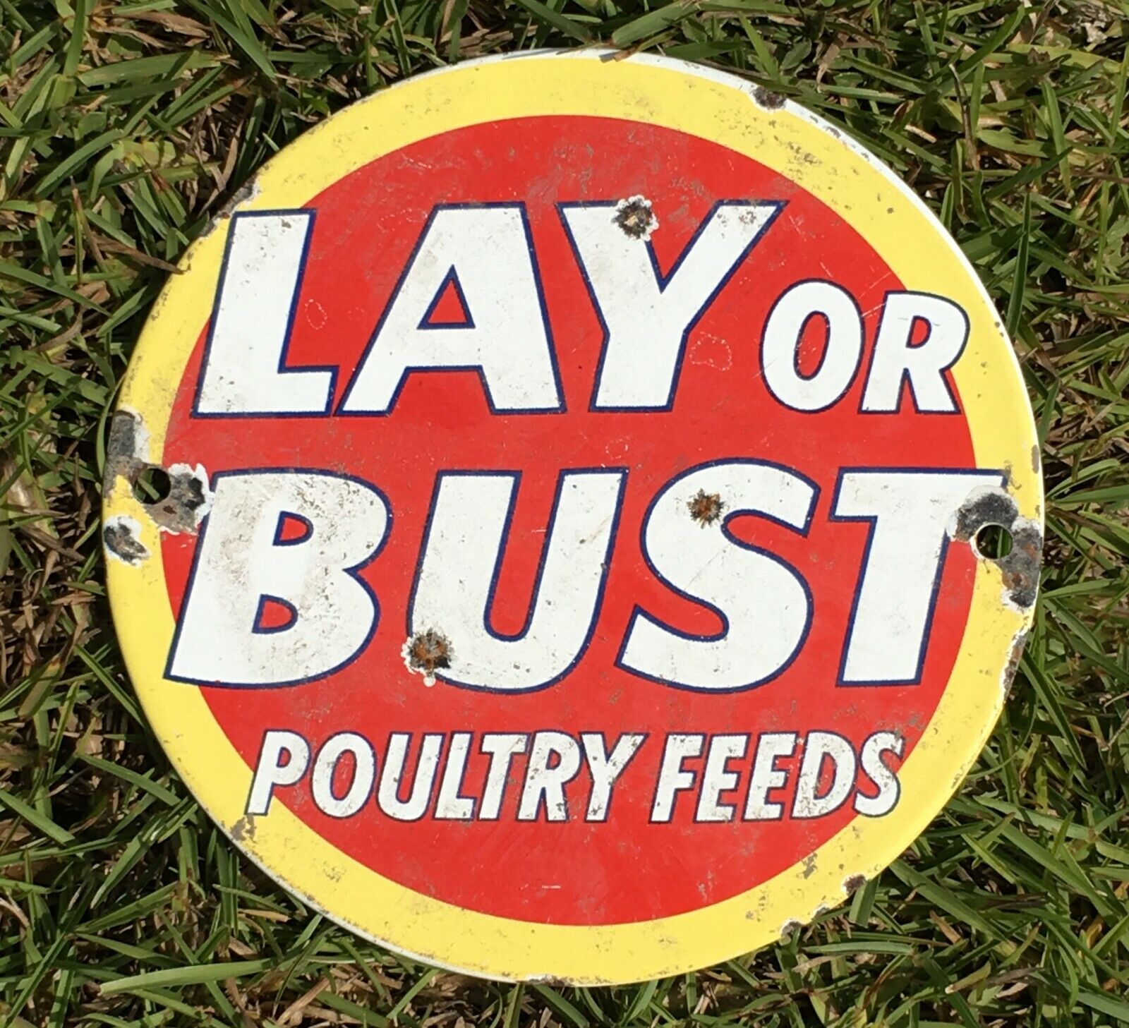 Vintage LAY OR BUST POULTRY FEEDS Porcelain Metal Chicken Farm 6 in Decor Sign