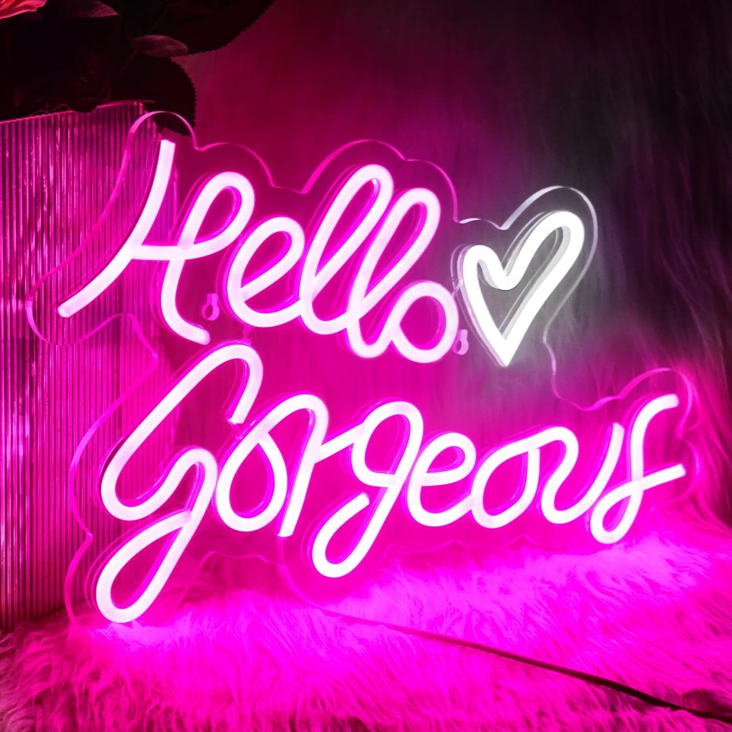 Pink Hello Gorgeous Neon Signs, LED Light up Sign for Cute Girls Bedroom Room Wa