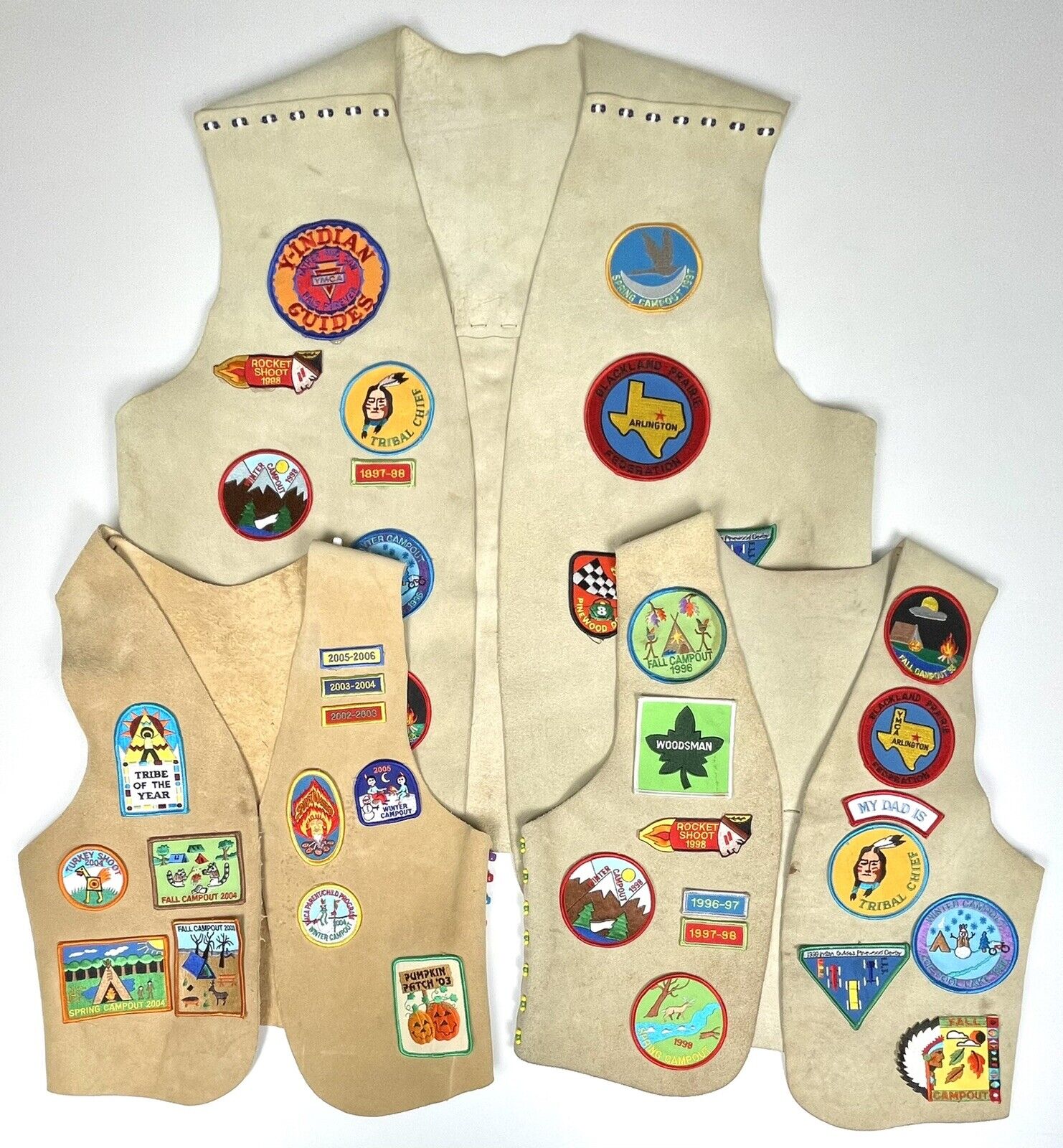 VTG 1996-2006 3x YMCA Indian Guides Father & Son Handmade Leather VESTS Patches