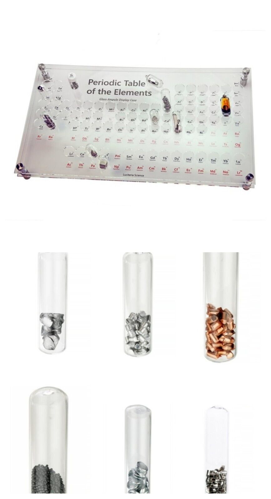 Glass Ampule Periodic Elements Display Case + (6) Base 99.9+ Pure Base Metals.