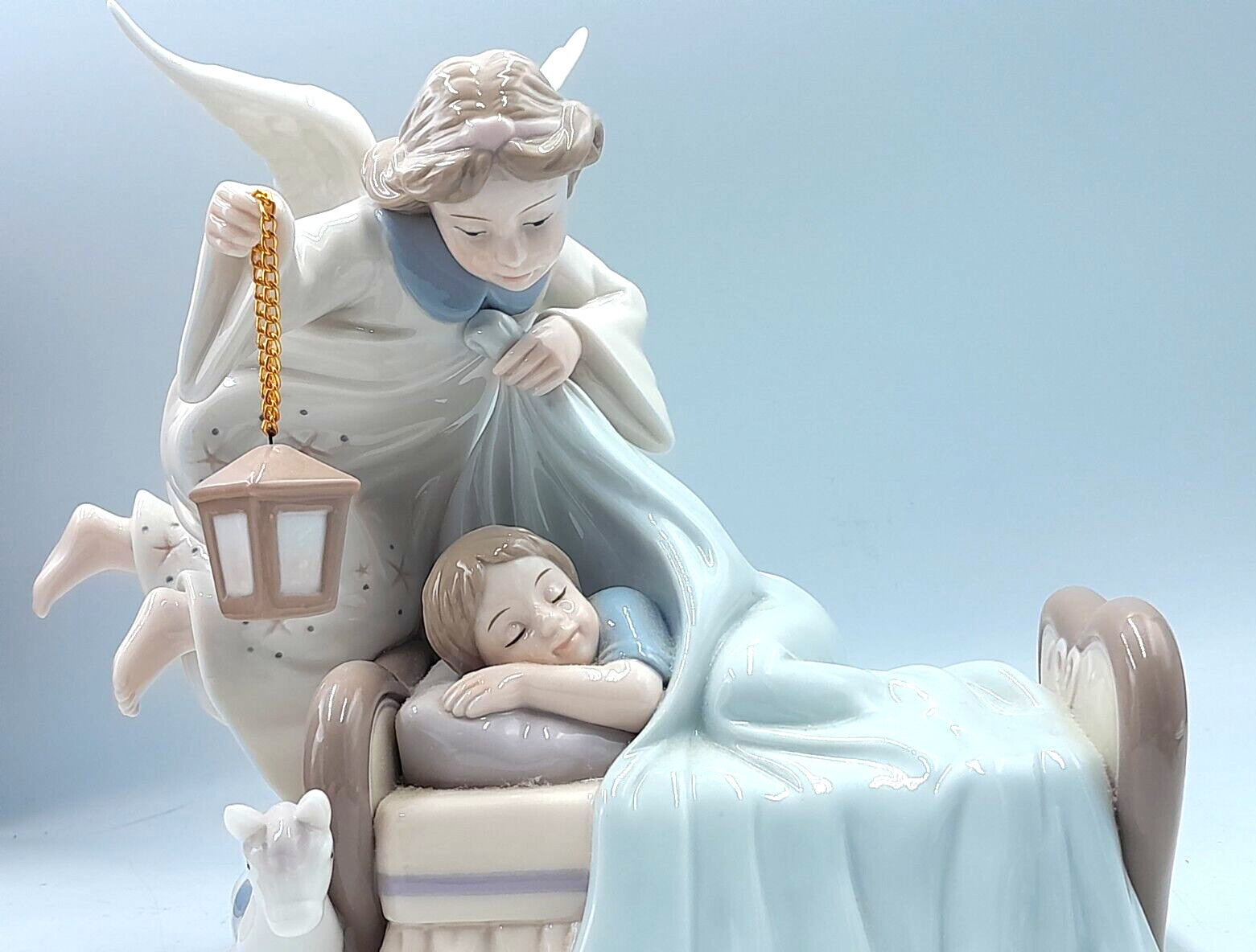 Exquisite Spanish Ceramic Guardian Angel Figurine w/ Lantern Child Donkey Hearts