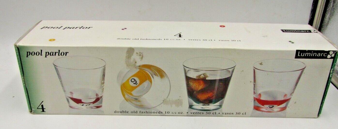 Pool Parlor Pool Ball Double Old Fashion 4 Bar Glass Set by Luminarc France New
