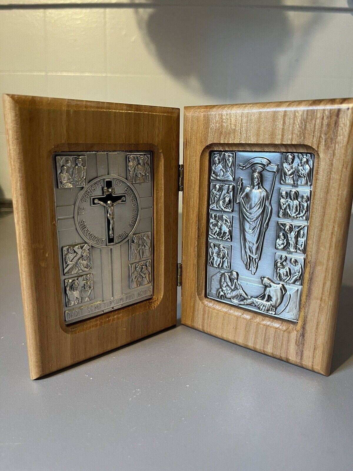 Italian Handcrafted Metal & Wood Pocket Shrine Stations Of The Cross 
