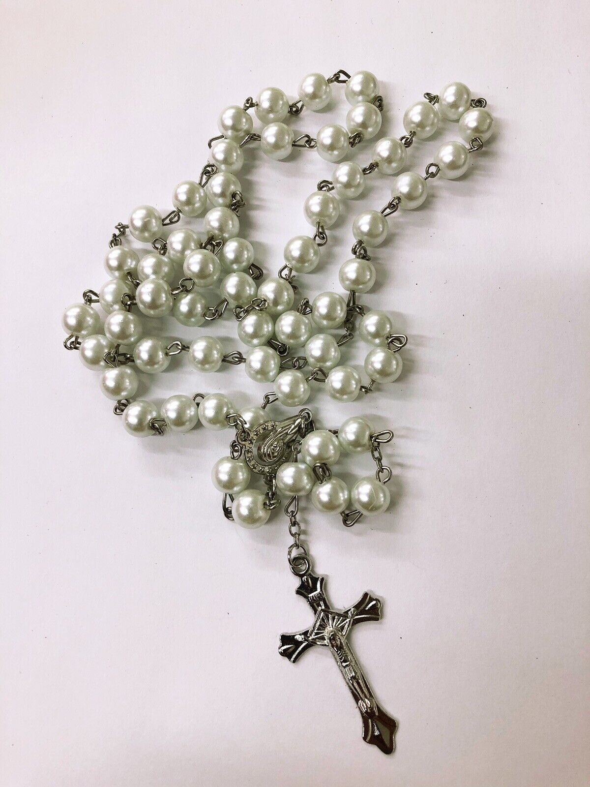 Catholic Rosary White Faux Pearl Prayer Silver Cross Rosary / Religious Rosary