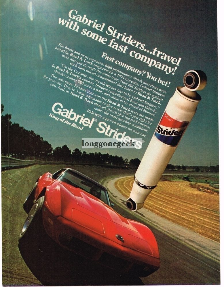 1976 Gabriel Striders Adjustable Shock Absorbers 1974 Corvette Vintage Ad 