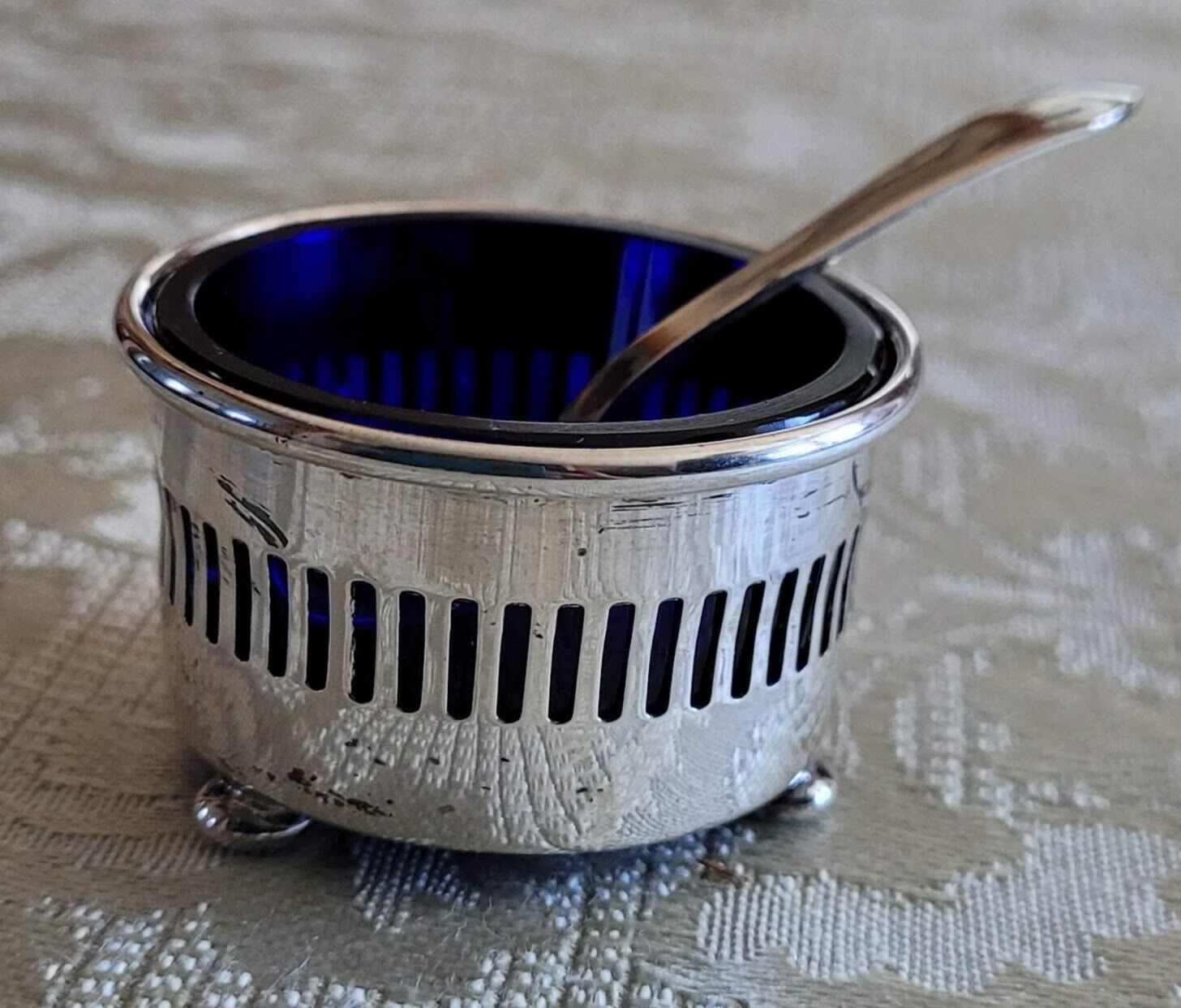 Antique Sterling Silver Open Salt Cellar with Cobalt Blue Liner and Spoon