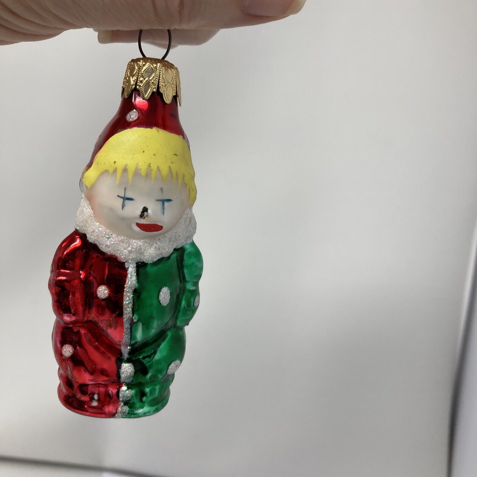 Vintage Blown Glass Clown Ornament Hand Painted Circus Red Green Blonde
