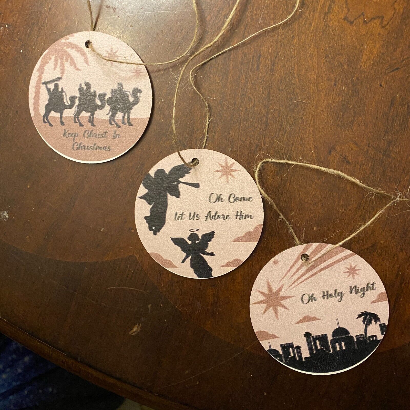 Set of 3 Round Wooden Nativity Scenes Christmas Ornaments Neutral Paint Words