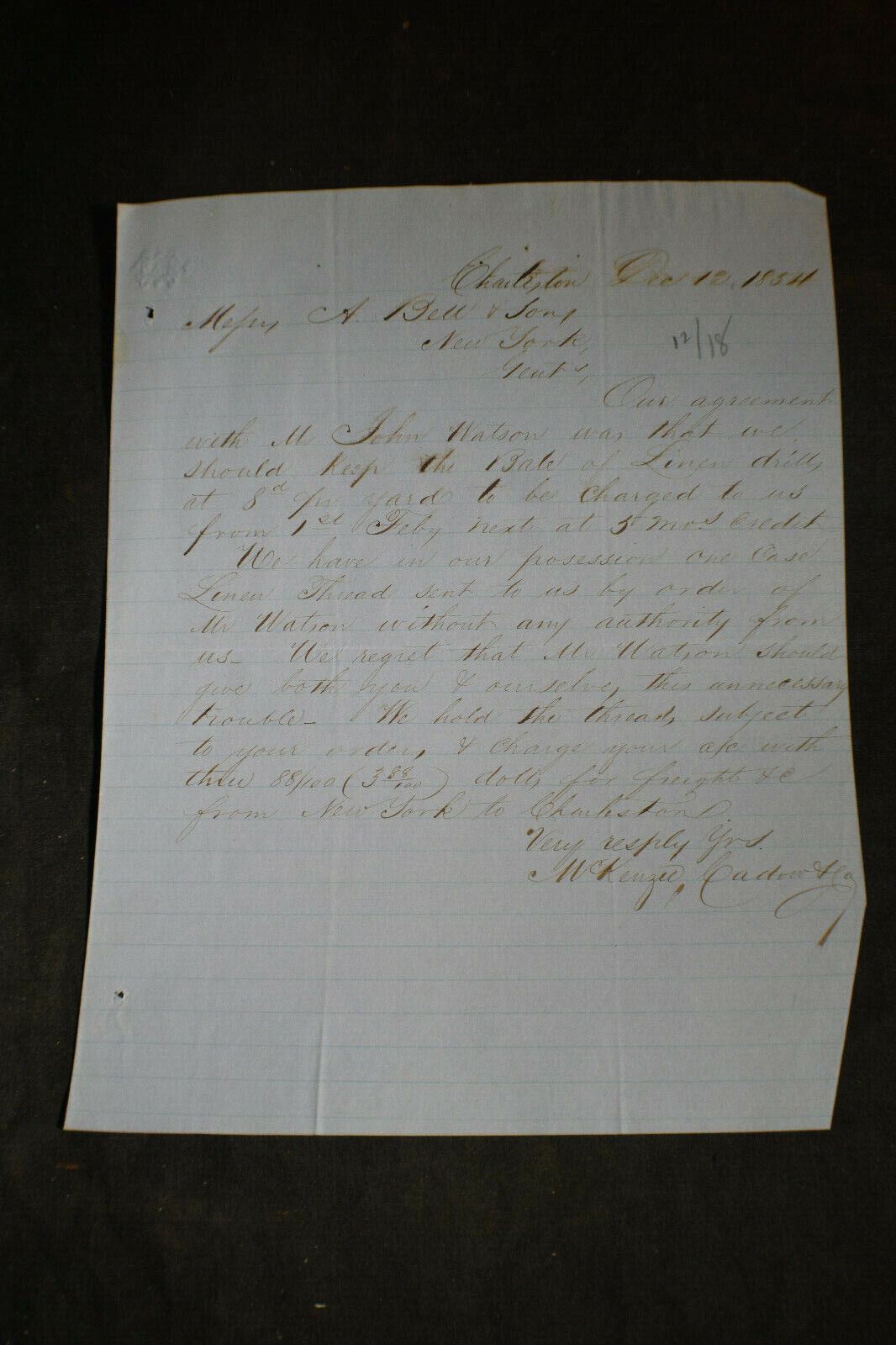 1854 Mckenzie Cadow & Co Charleston SC to A Bell Commission Merchant, NY City