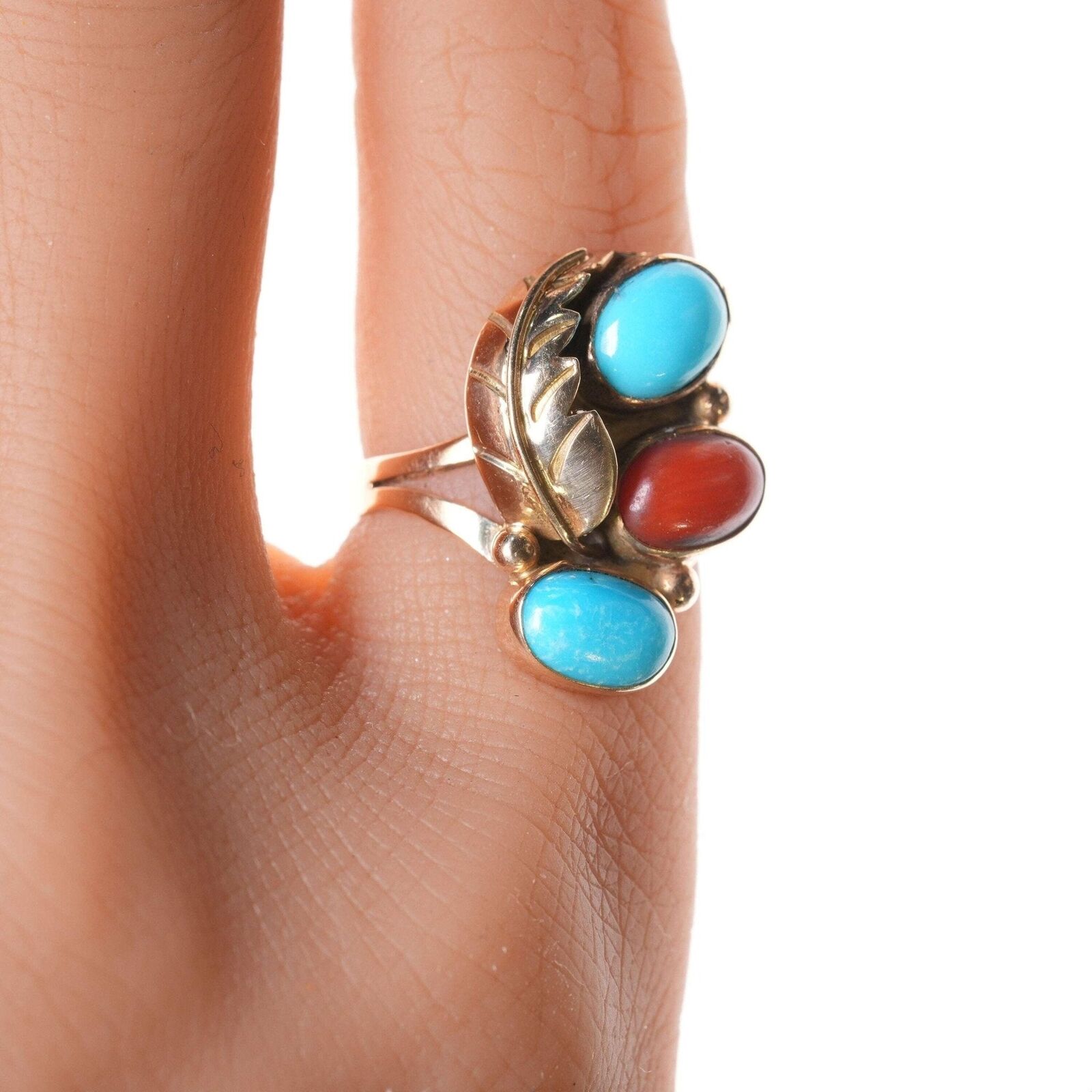 sz3 14k Marilyn Chuyate zuni ring turquoise and coral in gold