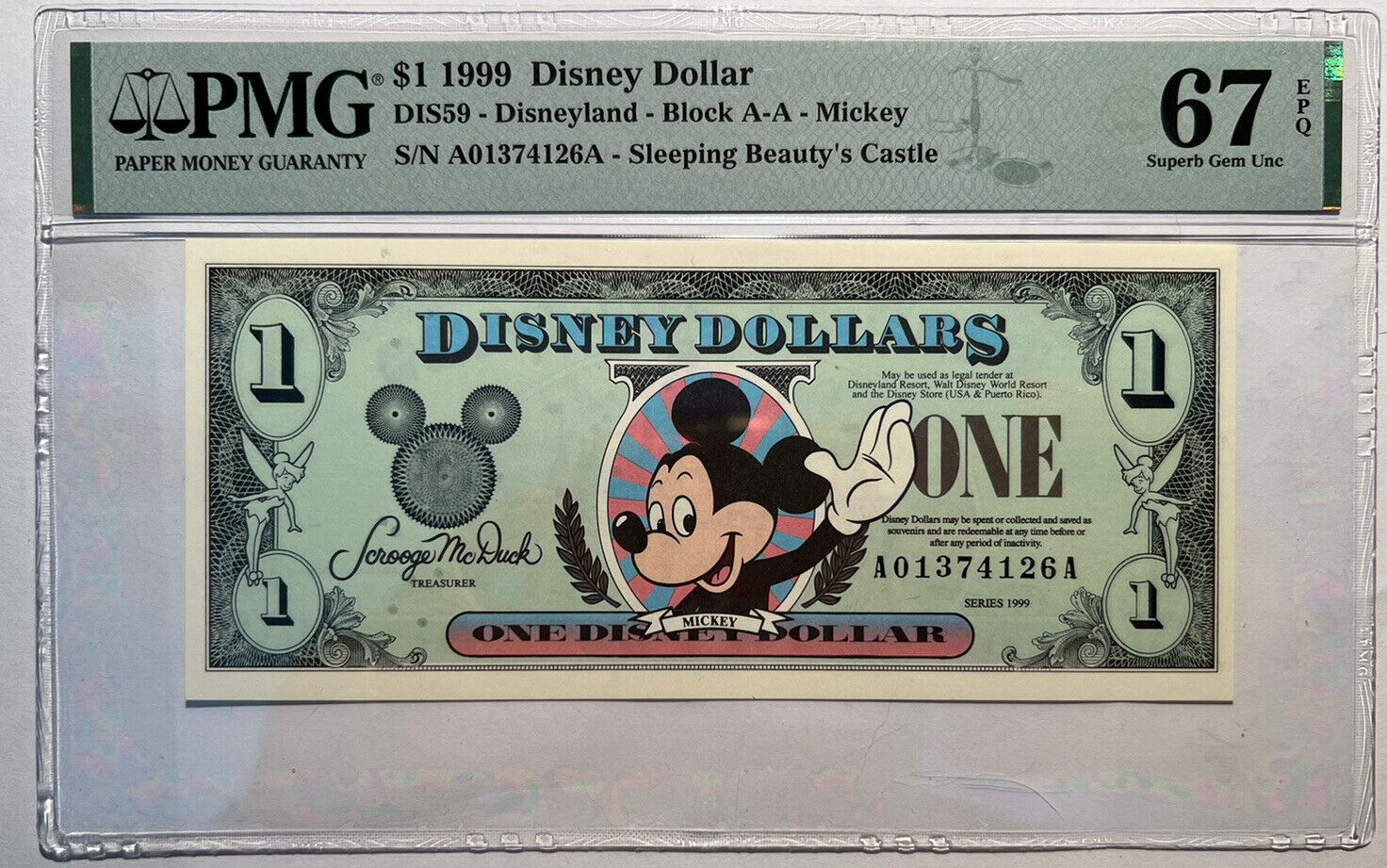 1999 $1 DISNEY DOLLAR MICKEY MOUSE Disneyland Series A01374126A PMG 67 Superb 6E