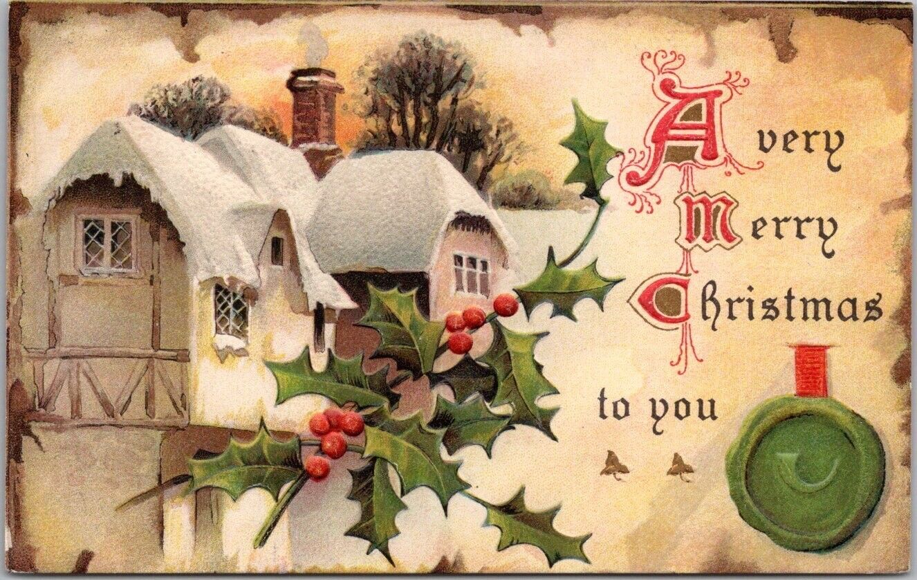 Vintage 1910 MERRY CHRISTMAS Embossed Postcard Winter House / Cottage Scene
