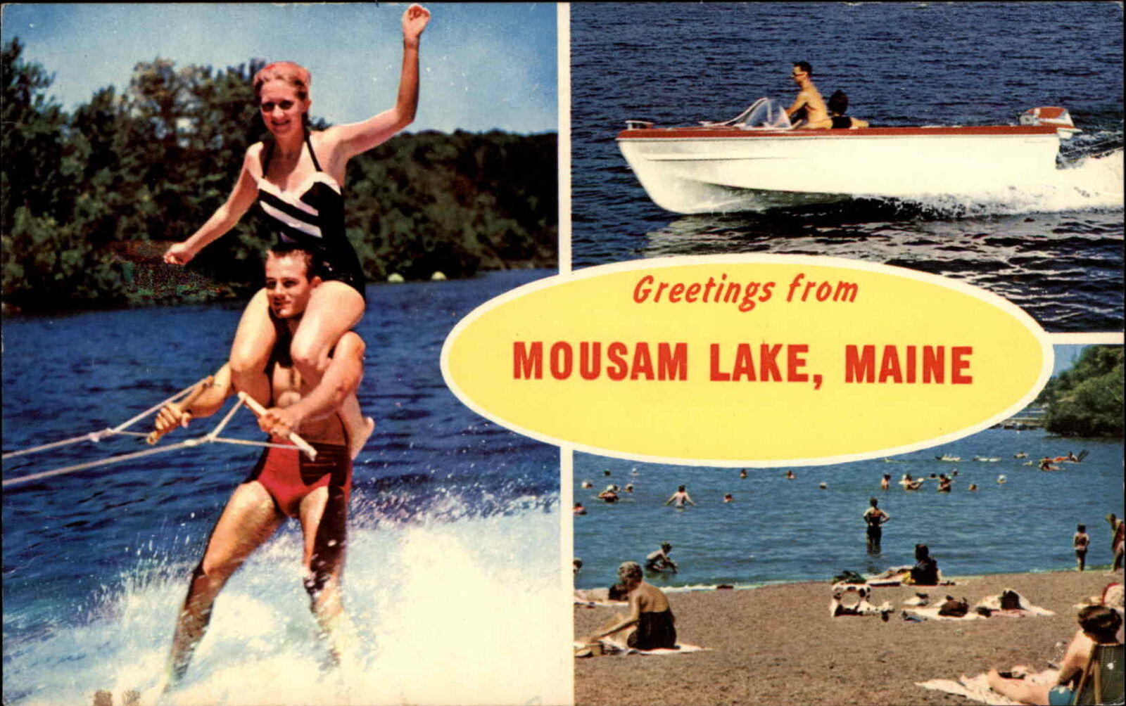 Mousam Lake Maine ME Bathing Beauty Water Skiing Beach Scene c1950s-60s Postcard