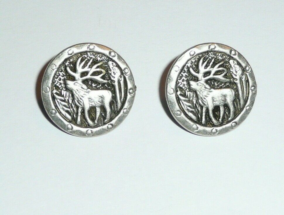 Two Rustic Style Metal Shank Buttons Elk w/ Antlers Ant. Silver Finish 5/8\