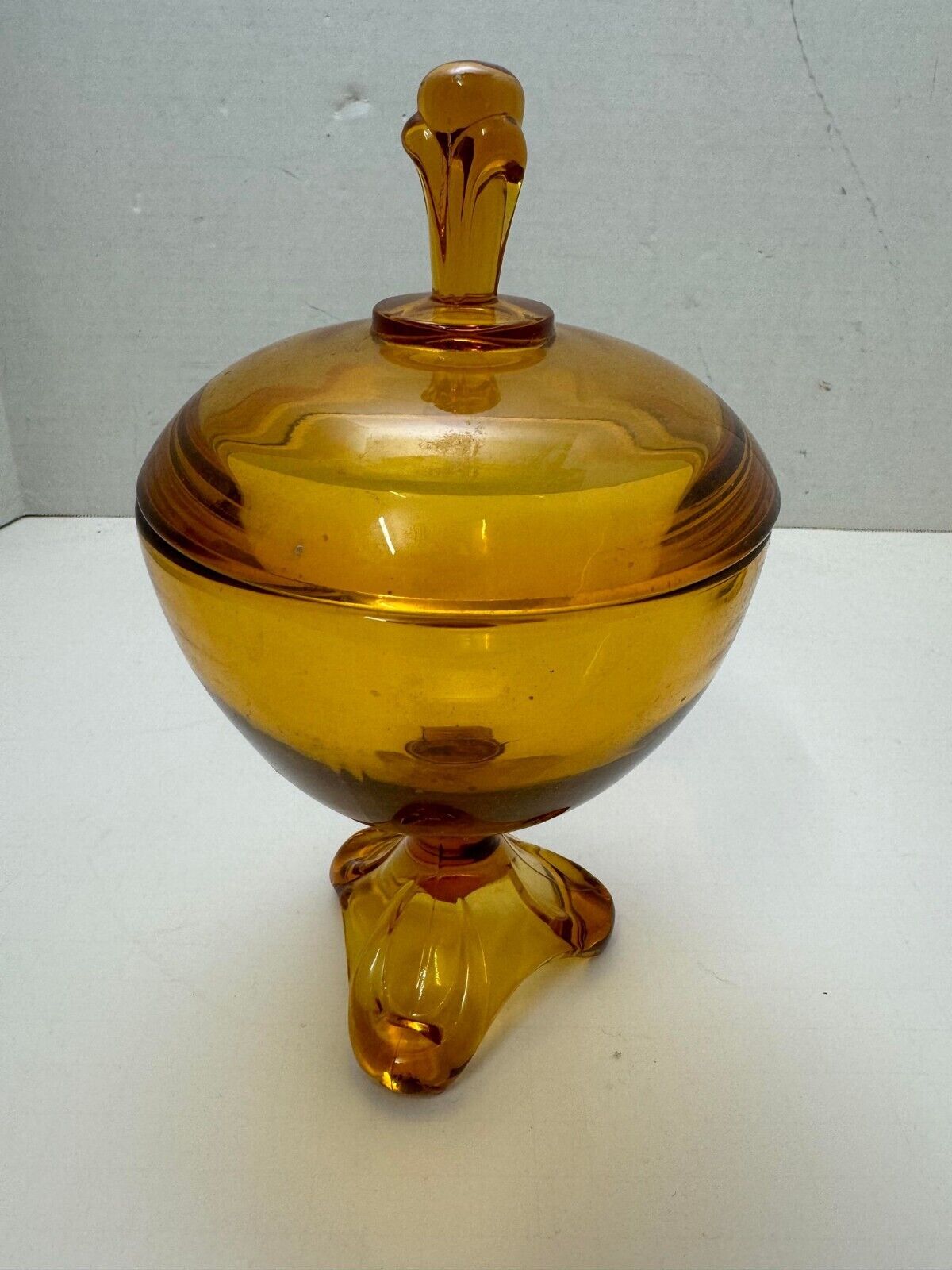 VTG Viking 9-1/2” Amber Candy Glass Dish Footed Pedestal Draping Style USA