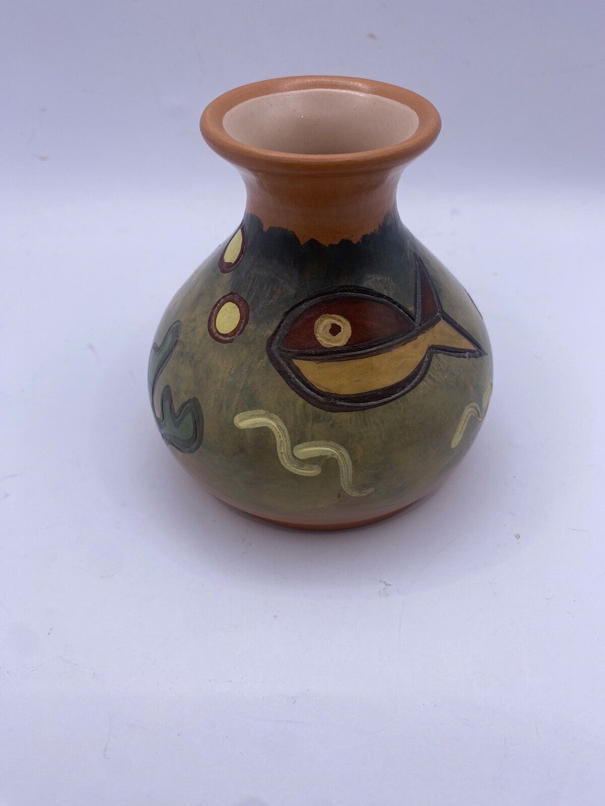 Vintage Pablo Seminario Urubamba Pottery Vase Cusco Handmade Peru Fish Sea Motif