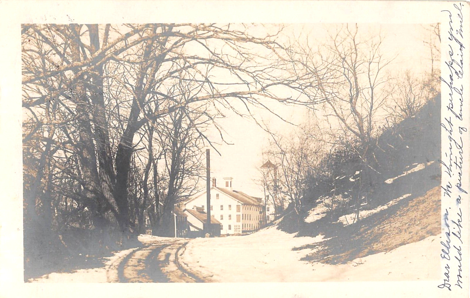 1906 RPPC Snowy Road & Distant Factory Hope Valley RI Hopkinton
