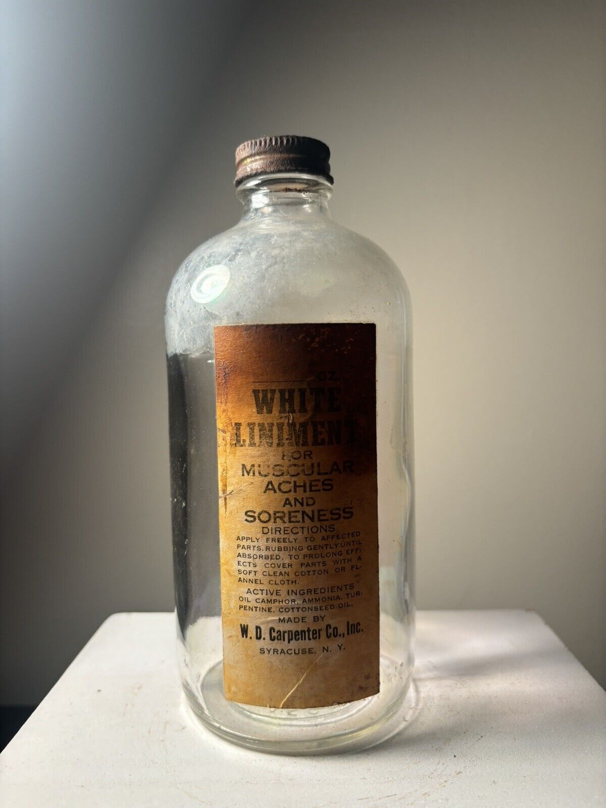 VTG W.D.Carpenter Co Inc White Liniment Medicine Clear Bottle Syracuse, NY