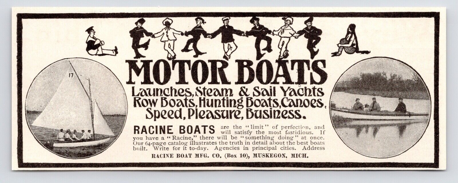 1900s~Racine Motorboats~Yachts~Muskegon Michigan MI~Antique Print Advertising AD