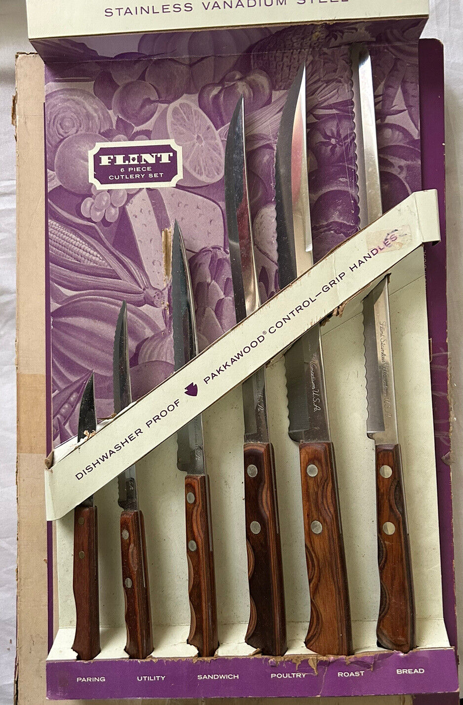 Vintage EKCO Flint 6 piece Cutlery Set Stainless Vanadium USA Kitchen Knife Set