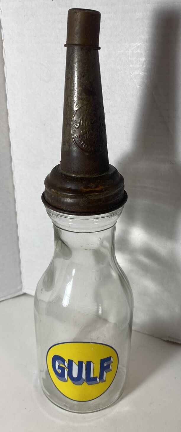 Gulf Motor Oil Bottle Spout Cap Glass Vintage 1 Quart