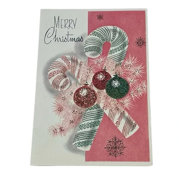 Merry Christmas Pink Green Candy Canes Vintage Christmas Card