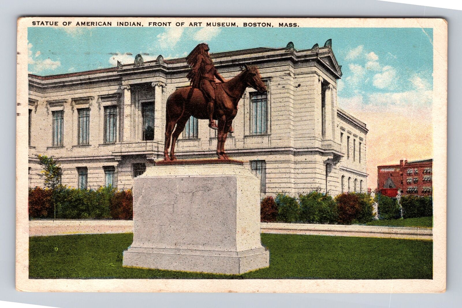 Boston MA-Massachusetts, Front of Art Museum Statue, Vintage c1924 Postcard