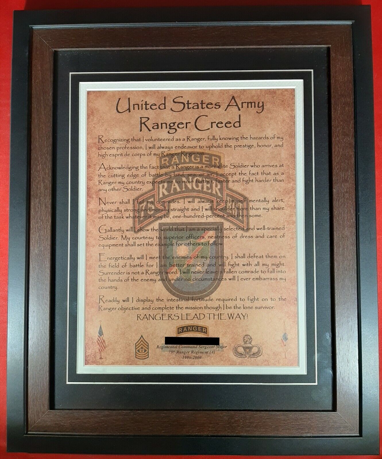 MC-BEST: Army Ranger Creed Aged Parchment Framed Matted PERSONALIZED