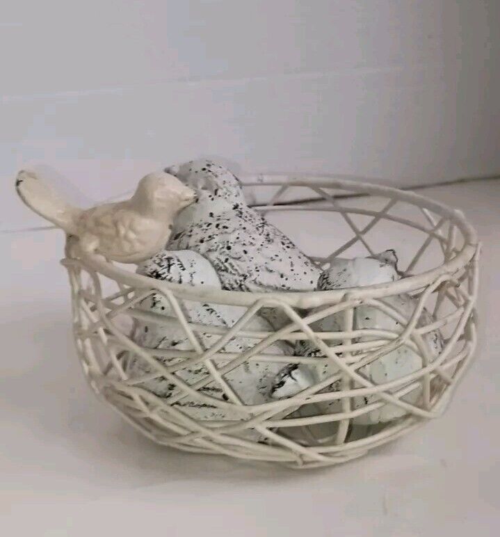 Set Of 3 Heavy Cast Iron Decorative White Washed Birds & Metal Bird Basket A