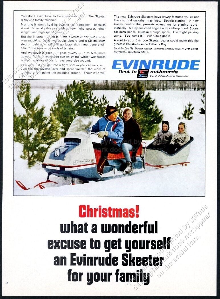 1968 Evinrude Skeeter snowmobile & Sleigh Mate sled trailer pic vintage print ad