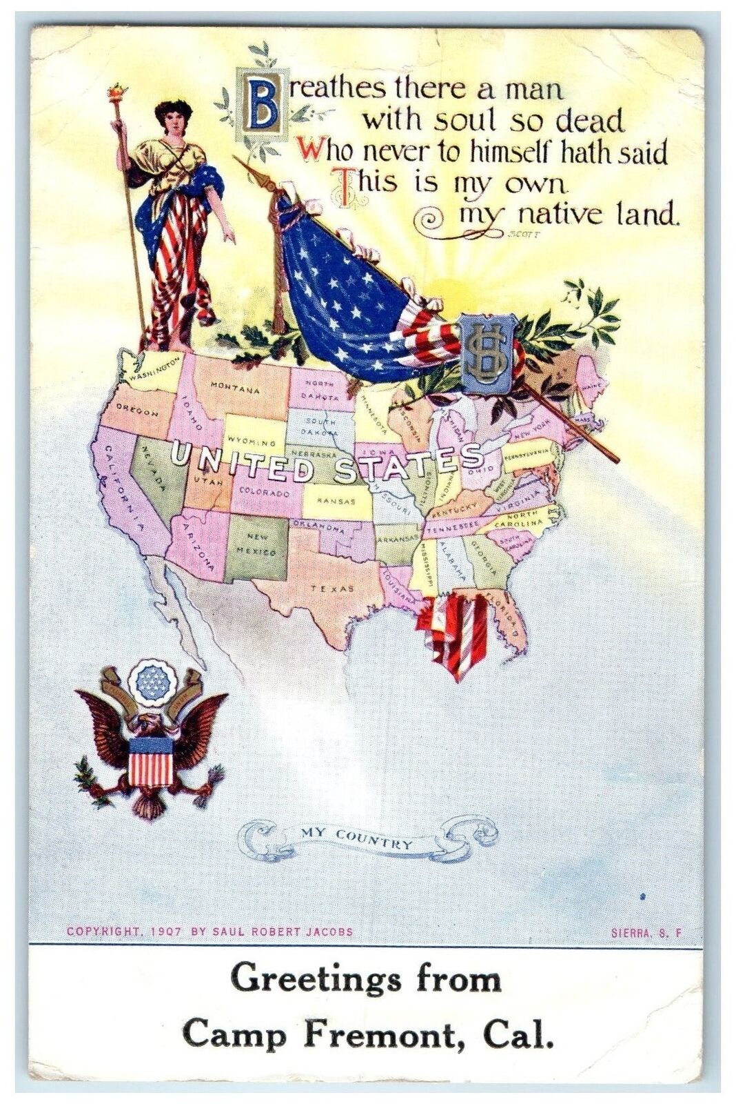 c1905\'s Greetings From Camp Fremont California CA Patriotic Flag Postcard