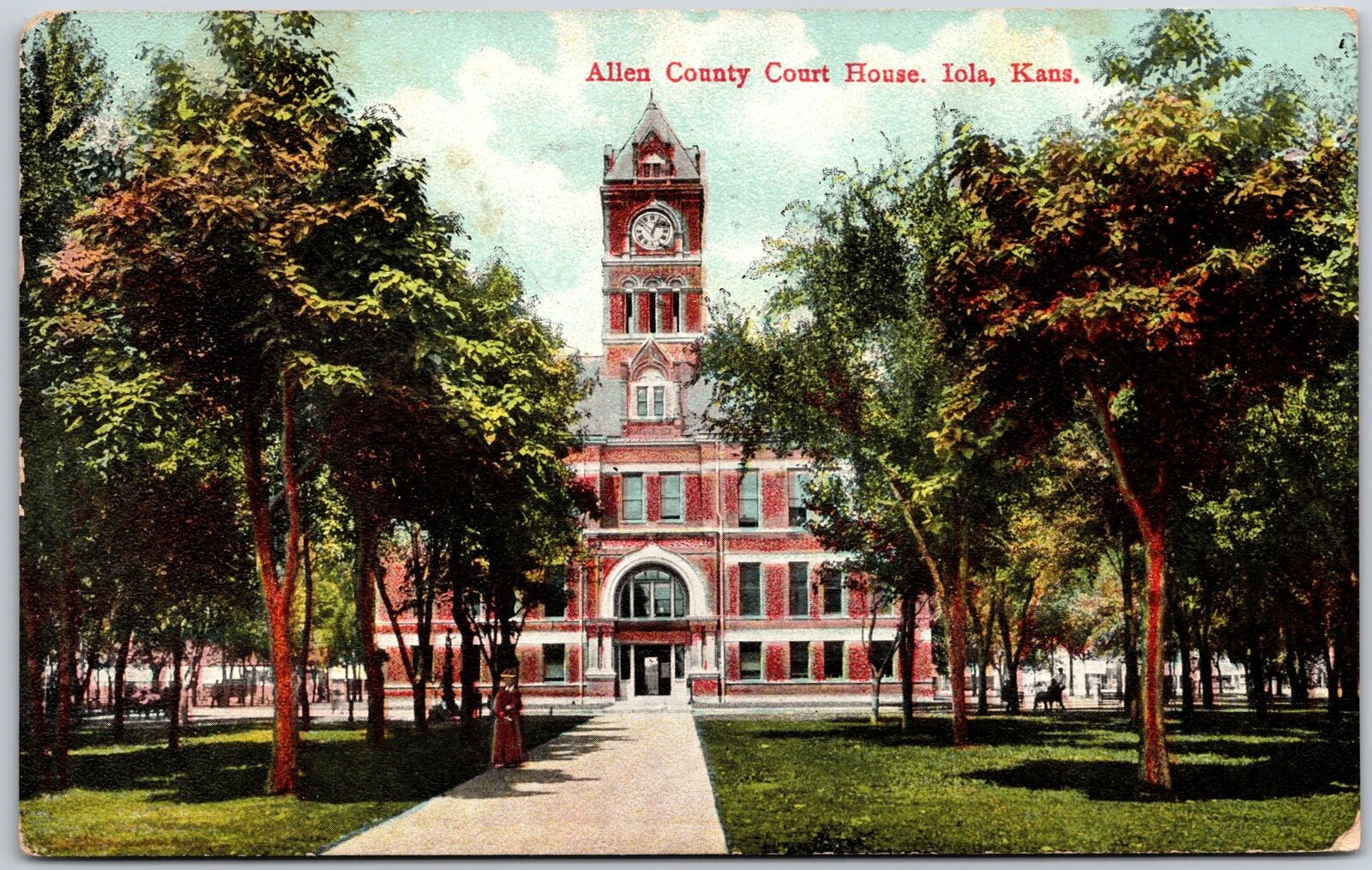 1909 Allen County Court House Iola Kansas KS Front Trees & Park Posted Postcard