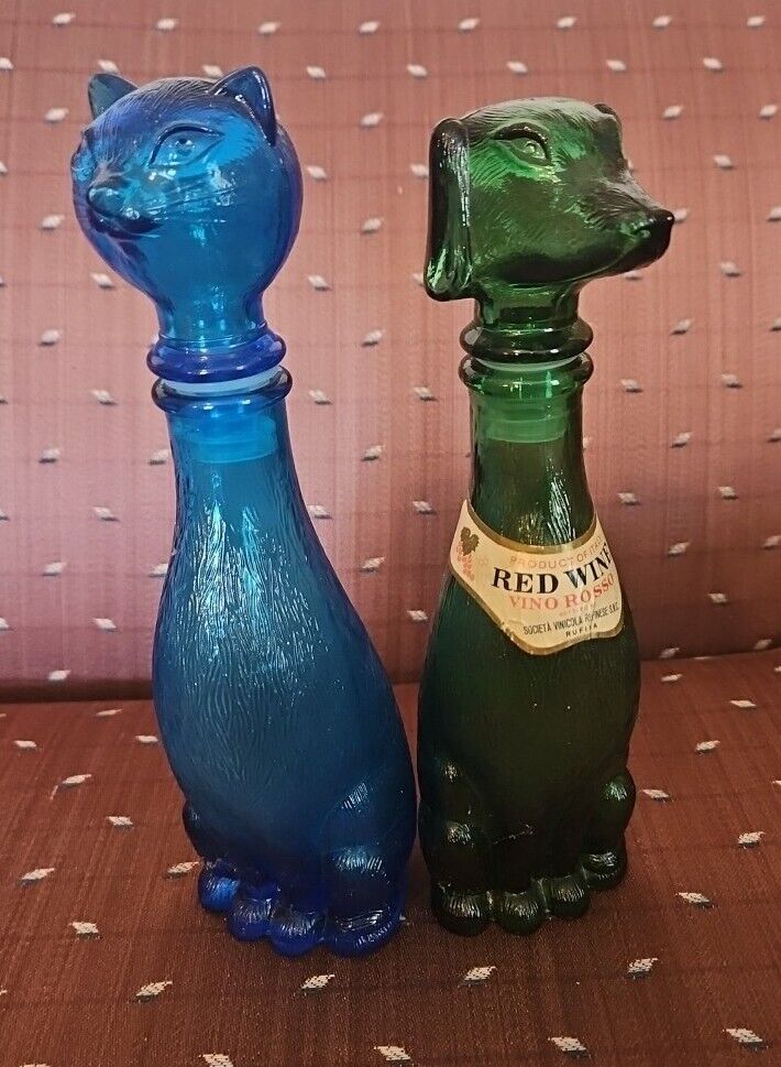 Vtg Empoli Cat & Dog Decanter Italian Green/blue Glass Bottle MCM 9” Stopper