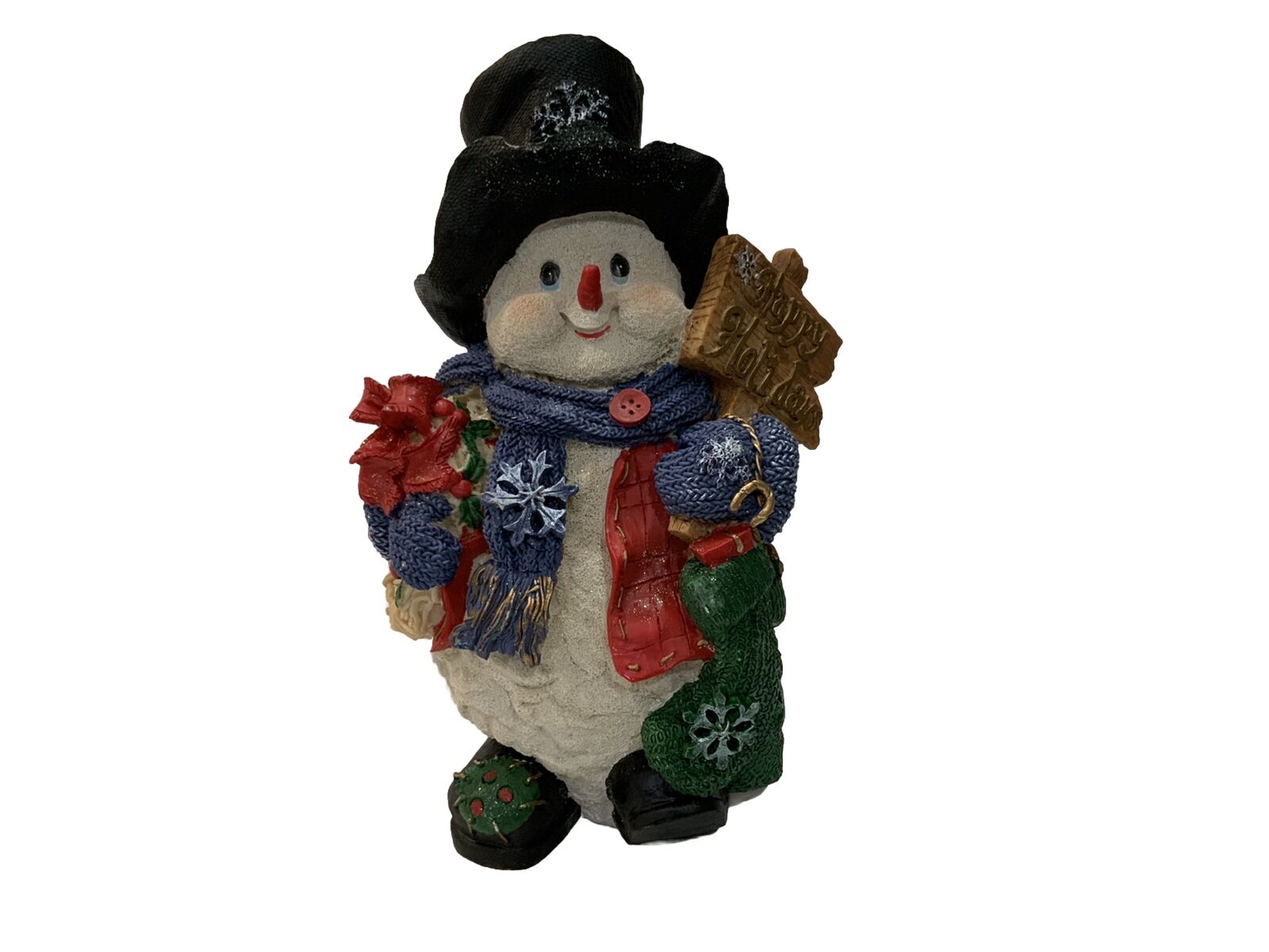 Large 16” 2001 Folk Art Christmas Snowman W/Happy Holidays Sign