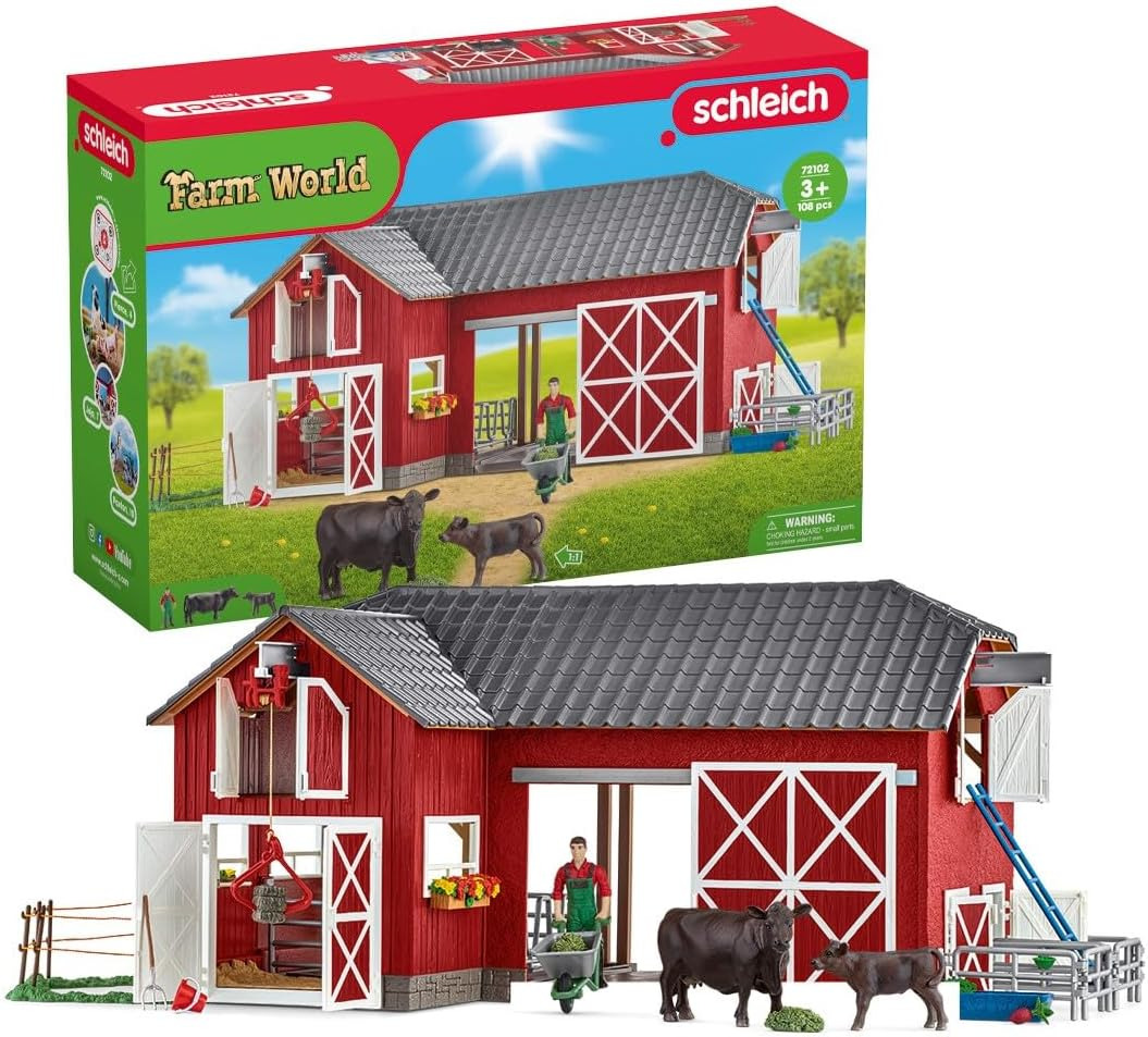 Farm Animal Toys and Playsets - Farm World Red Barn Set with Black Angus Cow Fig